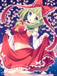  armpits ascot bare_shoulders barefoot blue_eyes bow cherry_blossoms cosplay detached_sleeves front_ponytail green_eyes green_hair hair_bow hakurei_reimu hakurei_reimu_(cosplay) hazakura_satsuki highres kagiyama_hina kneeling long_sleeves midriff navel open_mouth red_skirt shirt skirt skirt_set solo touhou water wide_sleeves 