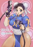  bracelet brown_eyes brown_hair bun_cover china_dress chinese_clothes chun-li cowboy_shot double_bun dress dual_wielding gun handgun happy_birthday highres holding inuyou jewelry pantyhose pelvic_curtain pistol revolver sash short_hair solo spiked_bracelet spikes street_fighter thighs weapon 