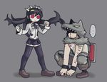  1girl animal_fur arm_hair beowulf_(skullgirls) black_hair black_legwear filia_(skullgirls) long_hair miniskirt navel parasite pelt prehensile_hair red_eyes samson_(skullgirls) school_uniform skirt skullgirls teeth thighhighs yellow_eyes 