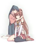  black_hair black_legwear blush brown_eyes brown_hair closed_eyes comforting crying crying_with_eyes_open detached_sleeves hand_on_another's_head head_hug houshou_(kantai_collection) hug kantai_collection kneeling light_smile long_hair multiple_girls mylovelydevil parted_lips ponytail single_thighhigh sitting skirt tears thighhighs v_arms very_long_hair wariza white_legwear yamato_(kantai_collection) 