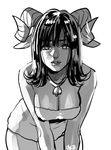 animal_ears bell bell_collar breasts cleavage collar dress greyscale horns large_breasts lips long_hair looking_at_viewer monochrome okada_(hoooojicha) sheep_ears sheep_horns sketch solo strapless strapless_dress v_arms 
