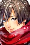  brown_eyes brown_hair character_request face lips looking_at_viewer nose okada_(hoooojicha) red_scarf scarf short_hair snow solo 