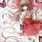  arm_ribbon ascot backlighting bad_id bad_pixiv_id between_fingers bow brown_eyes brown_hair bug butterfly cherry_blossoms cui_(jidanhaidaitang) detached_sleeves floating frame frilled_bow frilled_shirt_collar frills hair_bow hair_tubes hakurei_reimu insect legs light_particles long_hair petals red_skirt ribbon ribbon-trimmed_sleeves ribbon_trim rope shimenawa shoes simple_background skirt smile solo talisman touhou tree_branch white_background 