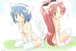  animal_ears bare_shoulders bell bell_choker blue_eyes blue_hair blush cat_ears cat_tail choker elbow_gloves gloves hair_ribbon hairband intertwined_tails isora jingle_bell long_hair looking_at_viewer mahou_shoujo_madoka_magica miki_sayaka multiple_girls one_eye_closed open_mouth paw_gloves paws pink_gloves ponytail red_eyes red_hair ribbon sakura_kyouko short_hair tail white_gloves yuri 