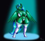  2015 anthro big_breasts breasts cleavage clothed clothing crossgender equine fan_character female fluoresca_neon glowing hair half-closed_eyes horn legwear long_hair mammal my_little_pony solo standing suirano thigh_highs two_tone_hair underwear winged_unicorn wings 