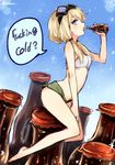  blonde_hair blue_eyes bottle carla_j_luksic coke_bottle covered_nipples drinking english green_shorts kodamari long_hair low_twintails noble_witches open_mouth profanity short_shorts shorts snowflakes solo speech_bubble strapless tongue tongue_out tubetop twintails twitter_username white_tubetop world_witches_series 