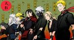  1girl 6+boys armor black_hair blonde_hair breasts cleavage facial_mark forehead_mark forehead_protector fur_trim half_mask hand_on_hip hatake_kakashi helmet kunai leaf leaves multiple_boys namikaze_minato naruto naruto:_the_last naruto_shippuuden ninja sarutobi_hiruzen scarf senju_hashirama senju_tobirama silver_hair smile spiked_hair staff sword tinami_(murasaki1783) translation_request tsunade uzumaki_naruto weapon weapons whiskers 