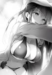  bikini breasts cleavage copyright_request greyscale highres hood hoodie large_breasts leaning_forward long_hair monochrome navel pyon-kichi scan smile solo string_bikini sunlight sweat swimsuit two_side_up 