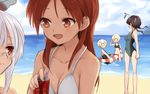  5girls beach blonde_hair bottomless brown_hair day erica_hartmann gertrud_barkhorn glasses hair_ribbon heidimarie_w_schnaufer innertube kodamari long_hair minna-dietlinde_wilcke multiple_girls no_panties one-piece_swimsuit red_hair ribbon short_hair siblings sisters strike_witches sweatdrop swimsuit twins twintails ursula_hartmann world_witches_series 