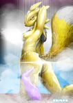 2014 anthro armpits arms_behind_head back bandai barefoot black_nose breasts butt canine digimon female fox fur kneeling looking_away mammal markings mist neck_tuft nude pose reiser renamon shadow shiny shower side_boob solo water wet white_fur yellow_fur 