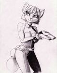  anthro black_nose canine female fox fur gun hair handgun jewelry krystal mammal monochrome nintendo ranged_weapon shiroiwolf short_hair solo star_fox video_games weapon 