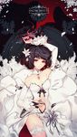  absurdres bad_id bad_pixiv_id black_hair breasts bridal_gauntlets center_opening character_name choker cleavage dress flower hair_flower hair_ornament highres hwansang jewelry knife lying multicolored_hair nail_polish navel necklace original red_eyes red_hair short_hair small_breasts snow_white snowflakes solo thighhighs 