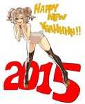  2015 ;) animal_ears bell bell_collar boots collar earrings flat_chest from_above full_body hands_on_own_face happy_new_year heel-less_platform_footwear highres horns jewelry leotard new_year okada_(hoooojicha) one_eye_closed platform_footwear platform_heels red_eyes sheep_ears sheep_girl sheep_horns short_hair silver_hair smile solo tail thigh_boots thighhighs 