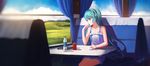  bare_shoulders dated dress hatsune_miku headphones highres long_hair looking_out_window signature solo sombernight sundress train_interior vocaloid window 