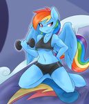  2015 ambris anthro anthrofied armpits bed blue_fur breasts camel_toe clothing dumbbell equine female friendship_is_magic fur hair looking_at_viewer mammal midriff multicolored_hair my_little_pony navel pegasus pink_eyes rainbow_dash_(mlp) rainbow_hair shirt shorts smile solo tank_top under_boob weight wings 