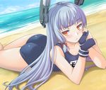  arm_support ass bare_shoulders beach blue_hair fingerless_gloves gloves ipuu_(el-ane_koubou) kantai_collection long_hair lying murakumo_(kantai_collection) on_stomach one-piece_swimsuit pout raised_eyebrow red_eyes school_swimsuit solo swimsuit thighs 