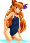  bow competition_school_swimsuit fang fang_out hair_bow hair_ribbon horn_ribbon horns ibuki_suika long_hair nishiuri one-piece_swimsuit orange_hair pointy_ears red_eyes ribbon simple_background smile solo swimsuit touhou wading water wet white_background 