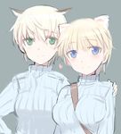  animal_ears between_breasts blonde_hair blue_eyes blush brave_witches breasts green_eyes hanna_wind head_wings heart large_breasts long_sleeves looking_at_viewer lowres multiple_girls nikka_edvardine_katajainen ribbed_sweater same_face shimada_fumikane short_hair simple_background smile strap sweater weasel_ears world_witches_series 