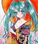  aqua_eyes aqua_hair bad_id bad_pixiv_id blush breasts cleavage collarbone flower hair_flower hair_ornament hatsune_miku japanese_clothes kimono large_breasts long_hair looking_at_viewer marker_(medium) millipen_(medium) nail_polish oriental_umbrella pastel_(medium) ren_(endscape20) smile solo traditional_media twintails umbrella very_long_hair vocaloid 