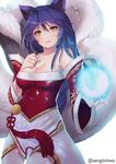  ahri animal_ears bad_id bad_pixiv_id bare_shoulders blue_hair blush breasts cleavage detached_sleeves eyebrows eyelashes facial_mark fang fox_ears fox_tail hair_between_eyes hanato_(seonoaiko) hand_on_own_chest korean_clothes large_breasts league_of_legends light_smile lips long_hair multiple_tails simple_background slit_pupils smile solo tail twitter_username whisker_markings white_background yellow_eyes 