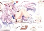  book bow coffee crescent crescent_hair_ornament hair_bow hair_ornament hat long_hair open_mouth patchouli_knowledge purple_eyes purple_hair sheep thighs touhou very_long_hair white_crow 