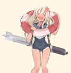  :d ^_^ ass_visible_through_thighs blonde_hair closed_eyes flower hair_flower hair_ornament happy ishita_(sunagimomo) kantai_collection lifebuoy long_hair open_mouth ro-500_(kantai_collection) simple_background sketch smile solo swimsuit tan tanline torpedo yellow_background 