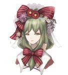  bow bug butterfly echoes_(cassandratree) embellished_costume flower front_ponytail green_eyes green_hair hair_bow hair_flower hair_ornament hinamatsuri insect kagiyama_hina lace light_smile lips looking_at_viewer parted_lips portrait simple_background solo touhou white_background 