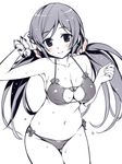  bikini blush breasts cleavage hair_ornament large_breasts long_hair looking_at_viewer love_live! love_live!_school_idol_project monochrome navel open_mouth oryou scrunchie smile solo spot_color swimsuit toujou_nozomi twintails wrist_scrunchie 