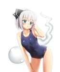  black_hairband blue_eyes blush bobomaster breasts hairband highres konpaku_youmu konpaku_youmu_(ghost) one-piece_swimsuit open_mouth school_swimsuit short_hair silver_hair small_breasts solo swimsuit touhou 
