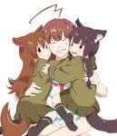  animal_ears bad_id bad_pixiv_id black_eyes black_hair braid brown_eyes brown_hair fang girl_sandwich grin highres hug kantai_collection kemonomimi_mode kitakami_(kantai_collection) kuma_(kantai_collection) long_hair multiple_girls nina_(deconiina) no_shoes ooi_(kantai_collection) ookami_kodomo_no_ame_to_yuki sandwiched smile tail uniform wolf_ears wolf_tail 