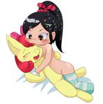  apple_bloom_(mlp) blush bottomless clothed clothing clyndemoon equine female female/female friendship_is_magic half-dressed horse human legwear mammal my_little_pony pony stockings tongue tongue_out vanellope_von_schweetz wreck-it_ralph young 