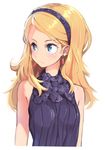  bare_shoulders blonde_hair blue_eyes blush earrings hairband jewelry long_hair original shindou_kamichi simple_background solo upper_body white_background 