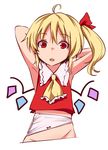  ahoge armpits arms_behind_head arms_up ascot blonde_hair flandre_scarlet groin looking_at_viewer miyo_(ranthath) no_hat no_headwear open_mouth out-of-frame_censoring panties red_eyes shirt side_ponytail sleeveless sleeveless_shirt solo touhou underwear upper_body wardrobe_error white_panties wings you're_doing_it_wrong 