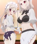  2girls angry blush breasts cleavage fate/kaleid_liner_prisma_illya fate_(series) highres large_breasts leysritt long_hair maid maid_headdress midriff multiple_girls navel open_mouth red_eyes screencap sella silver_hair small_breasts wavy_hair 