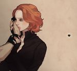  avengers black_widow blue_eyes blush bodysuit hand_on_another's_face marvel natasha_romanoff niwatori red_hair short_hair solo_focus tears 