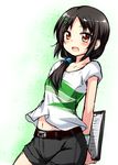  belt black_hair brown_eyes clipboard hair_ornament hair_over_shoulder hairclip idolmaster idolmaster_cinderella_girls low_ponytail midriff navel open_mouth ponytail rookie_trainer shirt shorts smile solo tekehiro trainer_(idolmaster) 