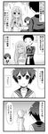  2girls 4koma alessandra_susu box closed_eyes comic formal greyscale hands_on_another's_shoulders kamishiro_sui long_hair minami_(colorful_palette) monochrome multiple_girls school_uniform serafuku short_hair shoulder_massage suit tokyo_7th_sisters translation_request turn_pale wristband 