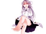  barefoot bow capelet crossed_legs dress evil_smile feet hair_bow long_hair melty_blood mikeco pointy_ears pov_feet red_eyes silver_hair sitting slit_pupils smile solo toes tsukihime white_len 