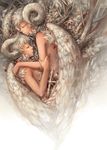  angel_wings closed_eyes horns malu multiple_girls original sheep_horns short_hair silver_hair topless wings 