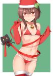  absurdres bare_shoulders bell bikini black_choker breasts brown_hair choker chomusuke christmas commentary covered_nipples elbow_gloves english_commentary fur_trim gloves hair_between_eyes hands_up hat highres hips holding holding_ribbon kono_subarashii_sekai_ni_shukufuku_wo! looking_at_viewer megumin mengo navel open_mouth red_bikini red_eyes red_gloves red_legwear ribbon santa_hat short_hair_with_long_locks small_breasts swimsuit thigh_gap thighhighs thighs 