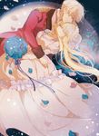  1girl aldnoah.zero asseylum_vers_allusia blonde_hair blue_flower blue_rose bouquet closed_eyes dress flower hara_hikaru long_hair rose short_hair slaine_troyard 