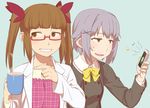  :d brown_eyes brown_hair cup ebinera glasses hair_ornament idolmaster idolmaster_cinderella_girls ikebukuro_akiha koshimizu_sachiko labcoat long_hair mug multiple_girls open_mouth purple_hair school_uniform short_hair smile twintails 