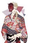  asa_no_ha_(pattern) blonde_hair blue_eyes character_name fan folding_fan giorno_giovanna idachi japanese_clothes jojo_no_kimyou_na_bouken kimono looking_at_viewer male_focus mask mask_on_head oni_mask simple_background solo unmoving_pattern white_background 