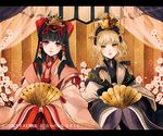  2girls alternate_costume black_hair blue_hair braid chin_strap company_name crown fan folding_fan hair_tubes hakurei_reimu hina_ningyou hinamatsuri japanese_clothes kimono kirisame_marisa letterboxed mochinu multiple_girls red_eyes side_braid touhou wide_sleeves yellow_eyes 