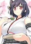  absurdres bare_shoulders black_hair breasts cherry_blossoms detached_sleeves from_below hair_ornament highres hishimochi kantai_collection large_breasts pink_eyes ryuki_(ryukisukune) short_hair smile solo upper_body yamashiro_(kantai_collection) 