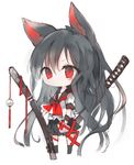  animal_ears asaki_yukiko ascot bangs black_hair borrowed_character chibi heart kotatu_(akaki01aoki00) long_hair original red_eyes ribbon school_uniform serafuku sheath simple_background solo sword valentine weapon white_background wolf_ears 