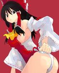  adapted_costume ascot ass borrowed_design bow breasts brown_hair detached_sleeves hair_bow hair_tubes hakurei_reimu highres large_breasts leotard long_hair red_leotard ribbon solo tamago_soup touhou wrestling_outfit 