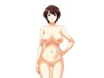  1girl areolae asakura_sakura blush breasts brown_hair censored female game_cg hand_on_hip highres large_breasts legs looking_at_viewer mole navel nipples nude oba_ana:_overhaul pink_eyes pussy sanada_chihiro short_hair simple_background smile solo standing thighs white_background 