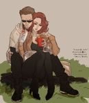  1girl avengers brown_hair casual clint_barton drink food french_fries marvel natasha_romanoff niwatori reading red_hair sitting sunglasses 