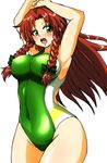  absurdres alternate_costume armpits arms_behind_head braid breasts competition_swimsuit d-m_(dii_emu) green_eyes green_swimsuit highres hips hong_meiling large_breasts long_hair one-piece_swimsuit open_mouth red_hair solo swimsuit thighs touhou twin_braids 